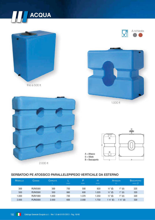 Serbatoio acqua parallelepipedo verticale 1000 LITRI PE Atossico per uso alimentare
