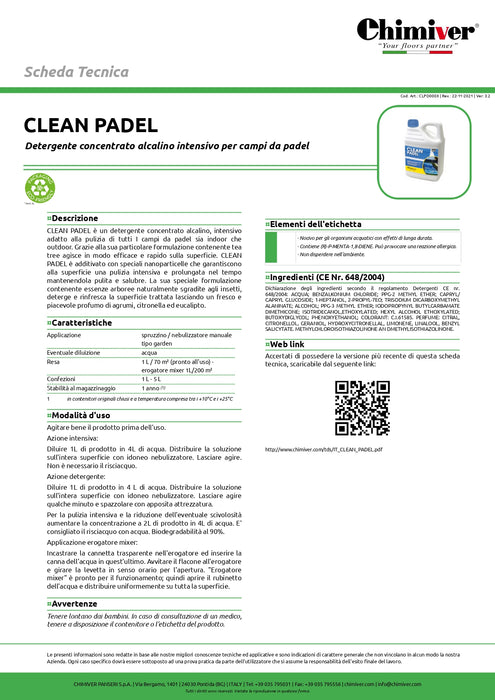 CLEAN PADEL  - Detergente concentrato alcalino intensivo per la pulizia di campi da padel