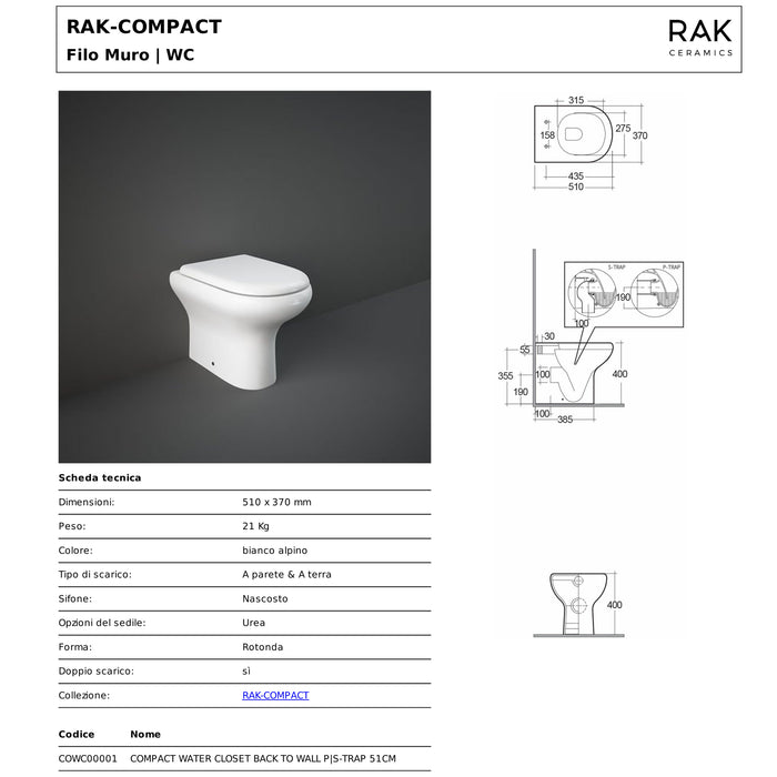 Sanitari filomuro in ceramica Mod. Compact RAK , copriwater