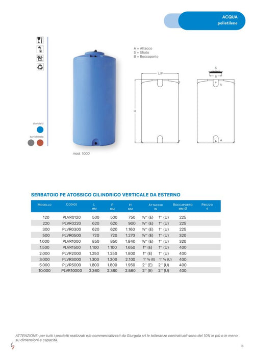 Serbatoio acqua verticale 1500 LITRI PE Atossico per uso alimentare